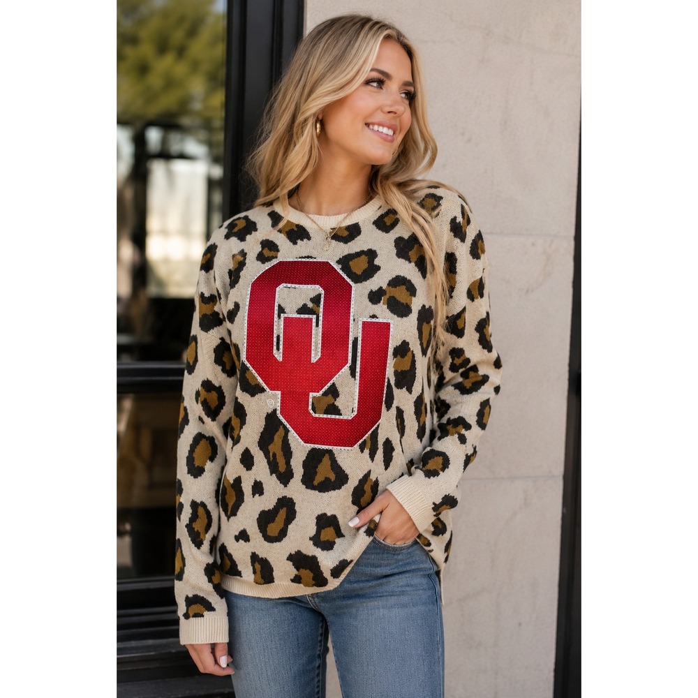 Gameday Couture Oklahoma Sooners OU Leopard Print Rhinestone Sweater Womens Med